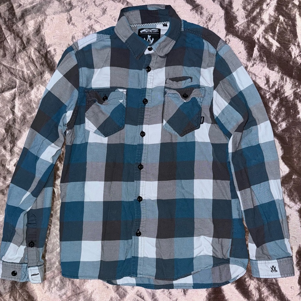 VANS x Cathy Van Engel Mens medium Flannel blue plaid print Shirt Long Sleeve do